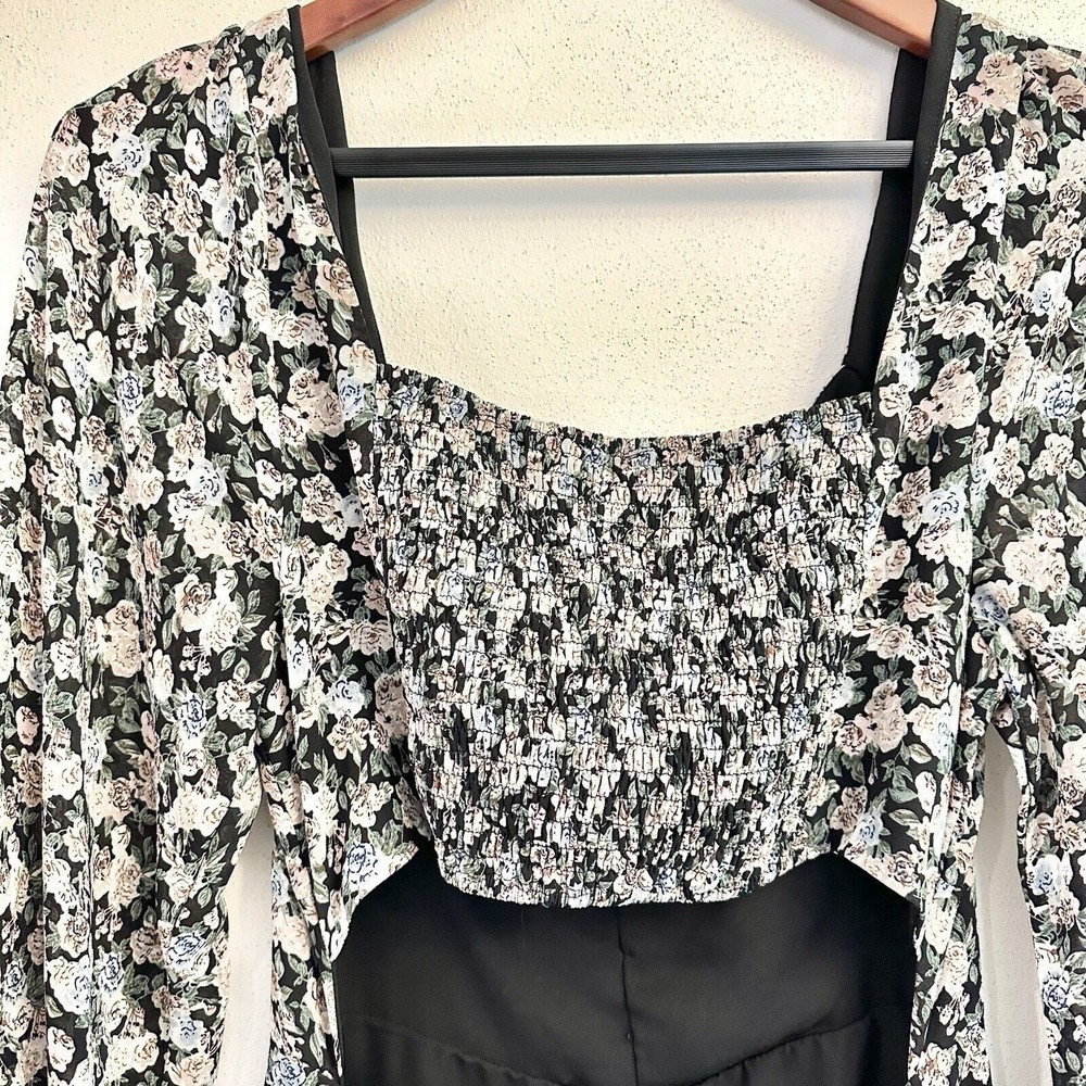 Lush Womens MIDI Dress W/ Puff Sleeve In Black Multi Floral- Size Large - Picture 9 of 14